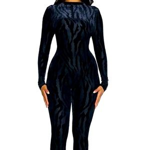 Naked Wardrobe Black Tiger Print Long Sleeve Velvet Catsuit BLACK, Size Large